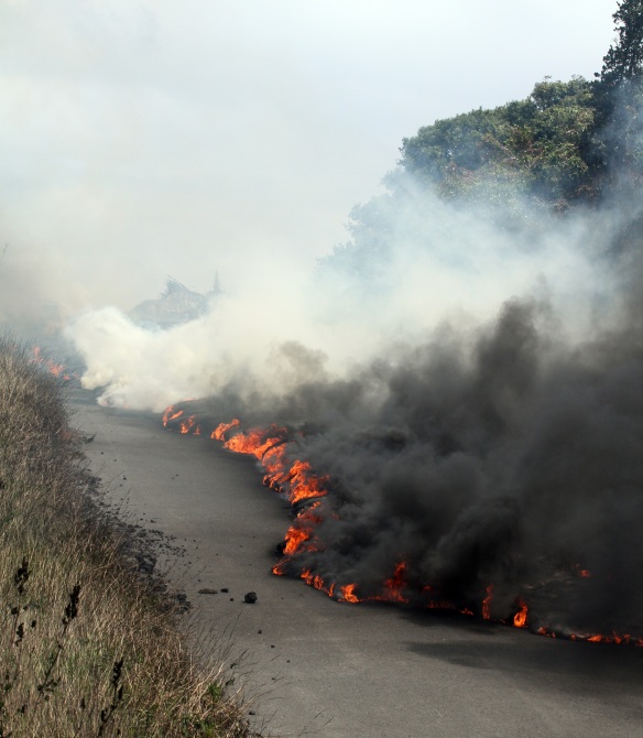 Lava burning road in Royal Gardens, Hawaii.